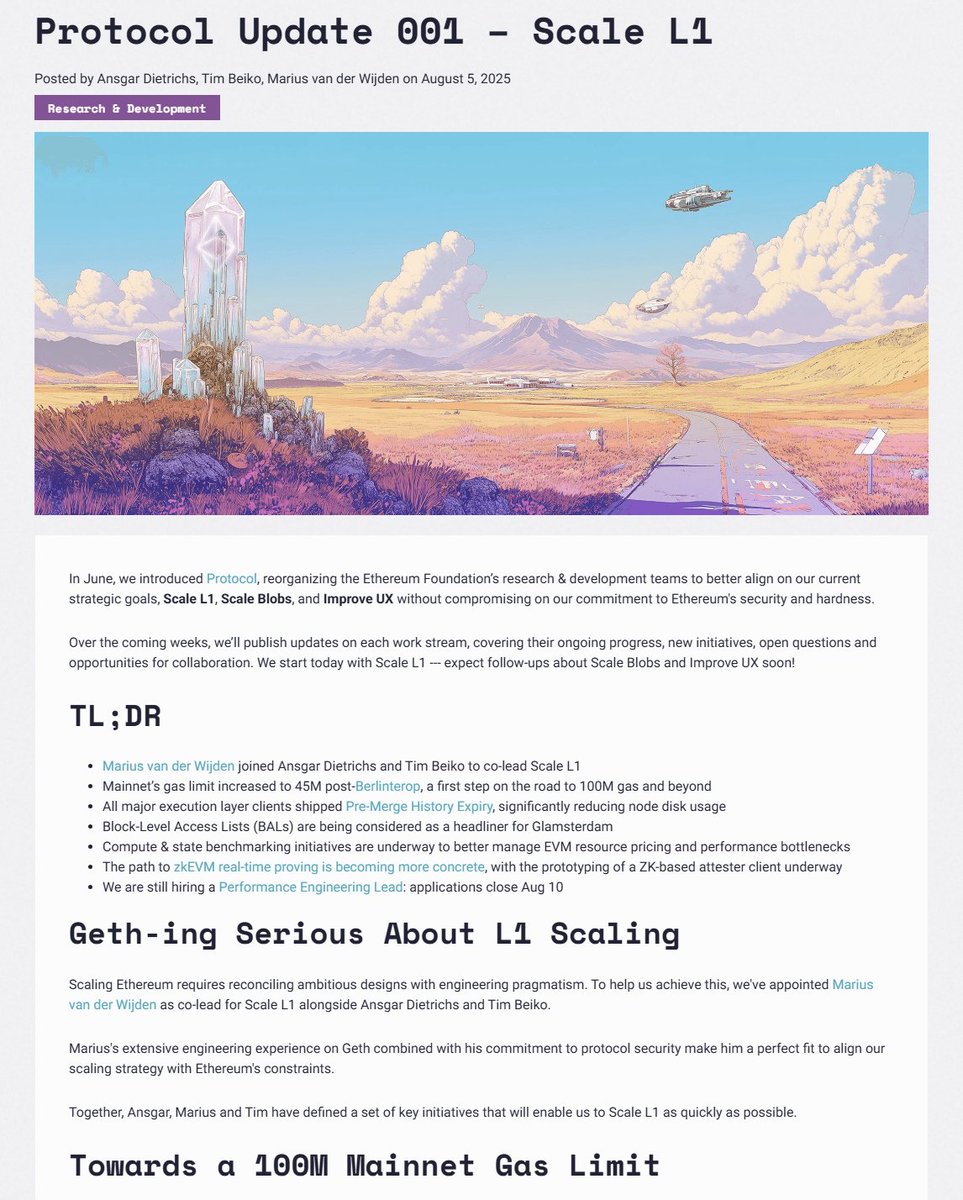 以太坊基金会介绍L1扩展相关工作进展，包括新人员任命及主网Gas上限提升等

以太坊基金会表示，未来几周将针对每个工作流发布更新，涵盖其进展、新举措、待解决问题以及合作机会，今日先介绍“扩展L1”相关工作进展情况：

1.任命Marius van der Wijden与Ansgar Dietrichs和Tim