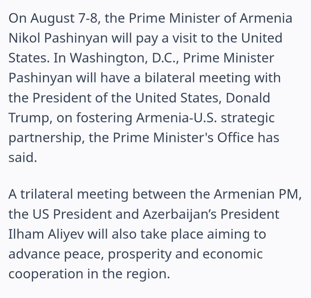 Armenian government confirms the upcoming Pashinyan-Trump-Aliyev meeting in Washington.

Pashinyan and Trump will hold a separate meeting on "fostering Armenia-U.S. strategic partnership"