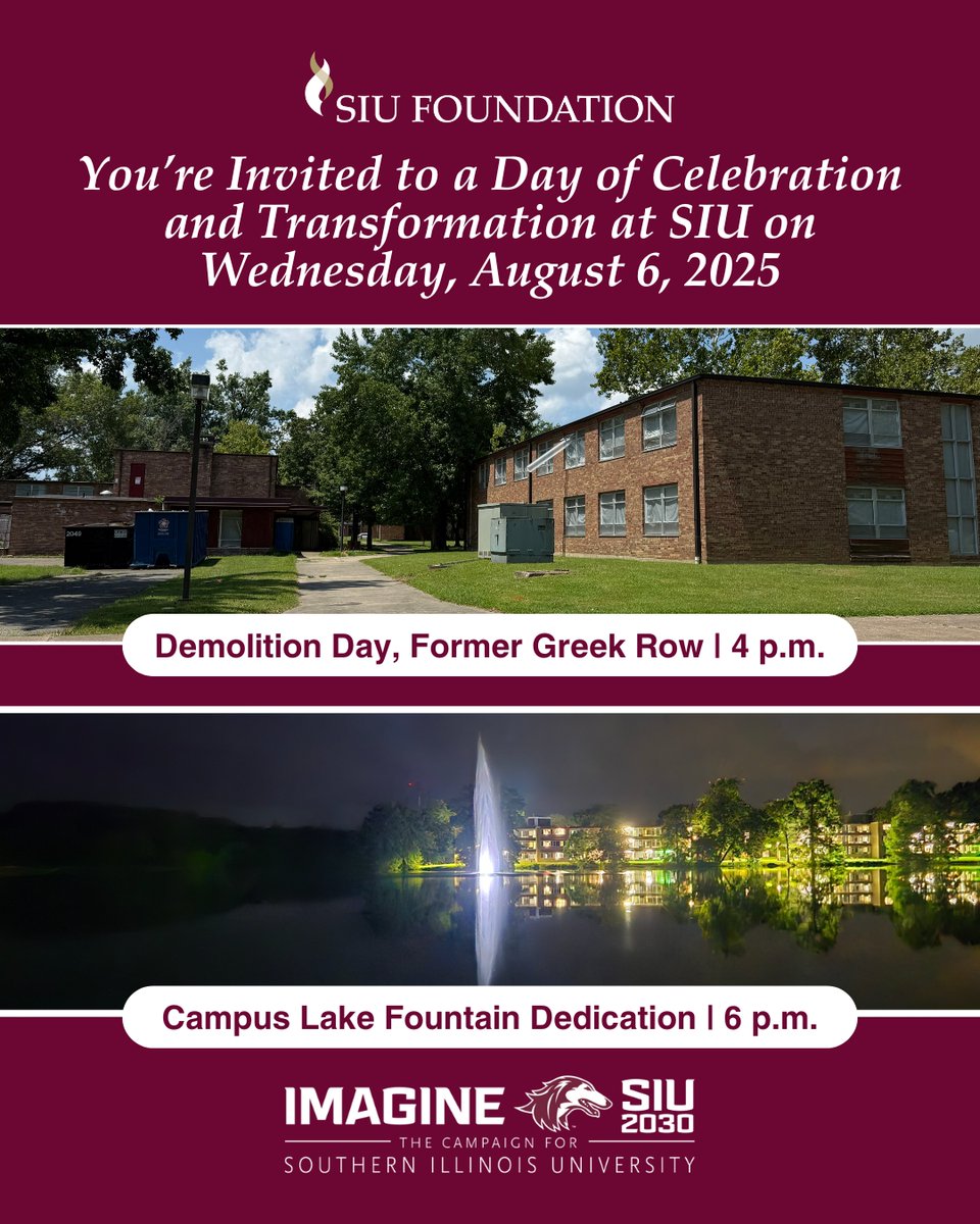Join us today as we honor our past and shape our future.
4 PM: Demolition Day at former Greek Row (Fulkerson Hall)
6 PM: Fountain Dedication at Campus Lake (Becker Pavilion) Both events are free and open to the public.
Details: blog.siuf.org/?p=4598
blog.siuf.org/?p=4610