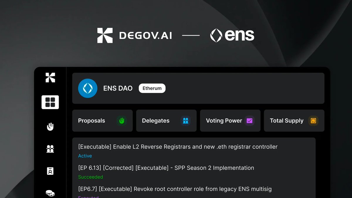 Announcing the new ENS governance tool, powered by AI agents and built by DeGov.AI!

Explore governance:

🌐 ens.degov.ai
📚 docs.degov.ai

Plus, you can track the latest proposal updates on X here: x.com/ai_degov/statu…

<a href="/ENS_DAO/">ensdao.eth</a> <a href="/ensdomains/">ens.eth</a>