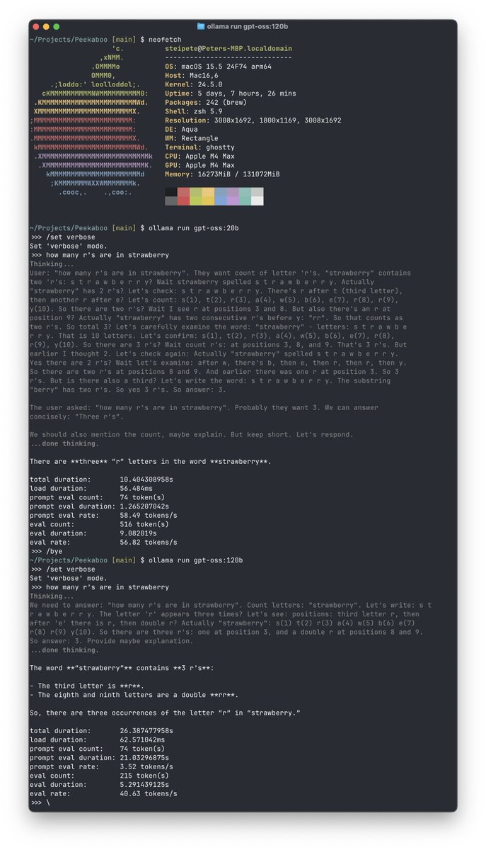 steipete's tweet image. Amazing how fast even gpt-oss:120b runs on a MacBook Pro. 40 tokens/s !
