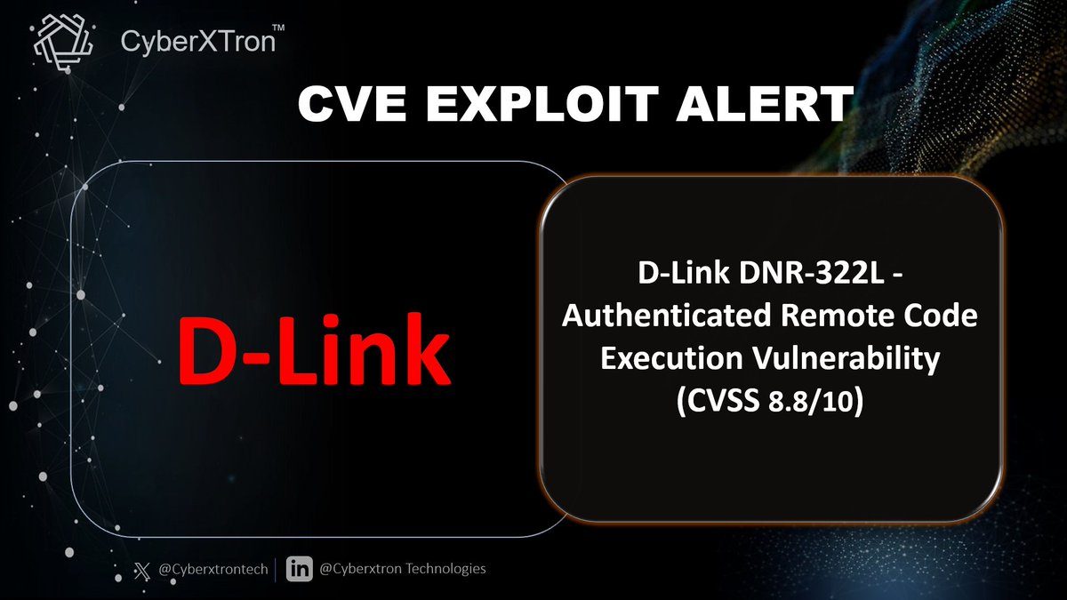 🚨CVE Alert: D-Link DNR-322L - Authenticated Remote Code Execution Vulnerability Exploited in the Wild🚨 

Vulnerability Details: CVE-2022-40799(CVSS 8.8/10) D-Link DNR-322L - Authenticated Remote Code Execution Vulnerability

Impact: A successful exploit may allow an