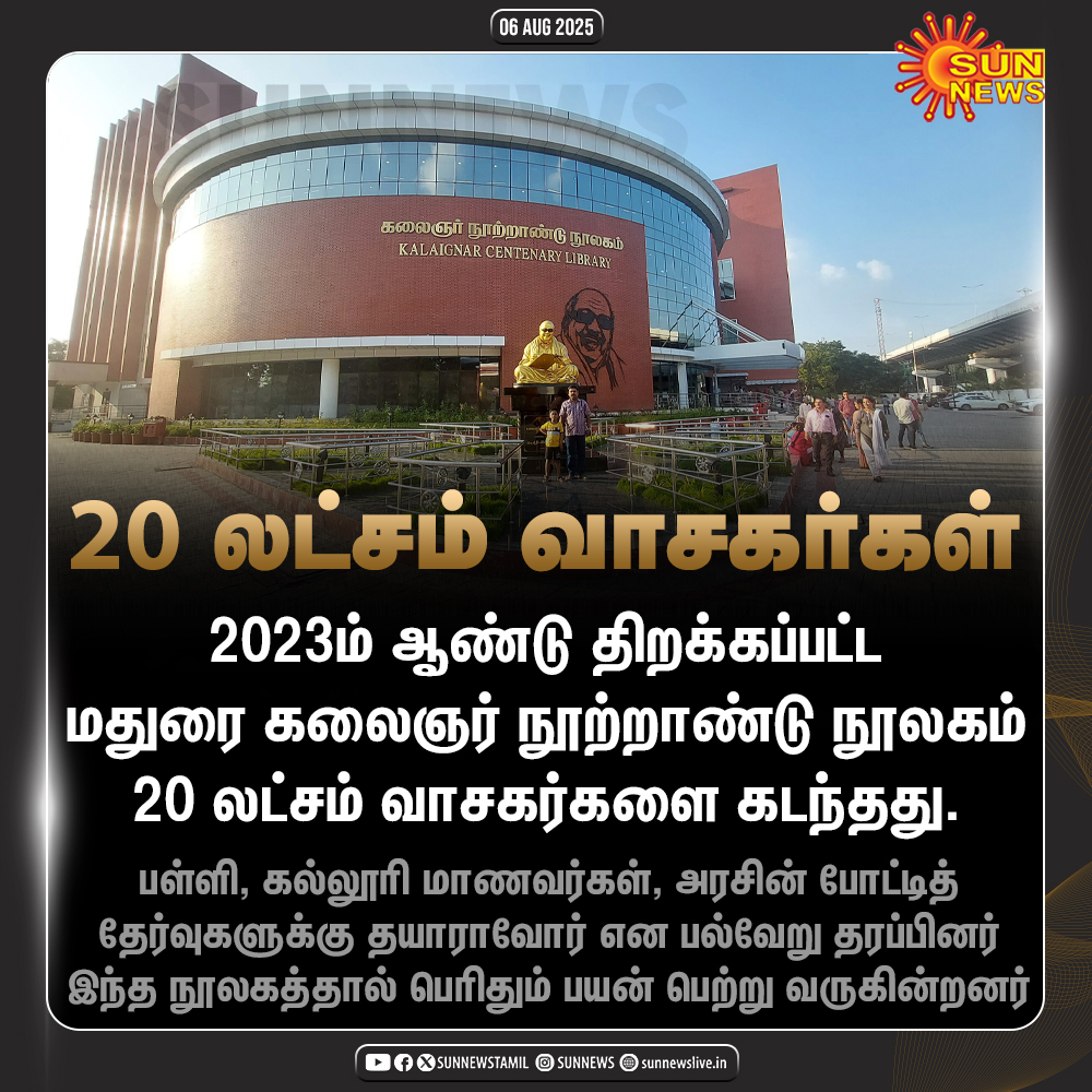 sunnewstamil's tweet image. #JustNow | மதுரை கலைஞர் நூற்றாண்டு நூலகம் 20 லட்சம் வாசகர்களை கடந்தது.

#SunNews | #KalaignarLibrary | #Madurai