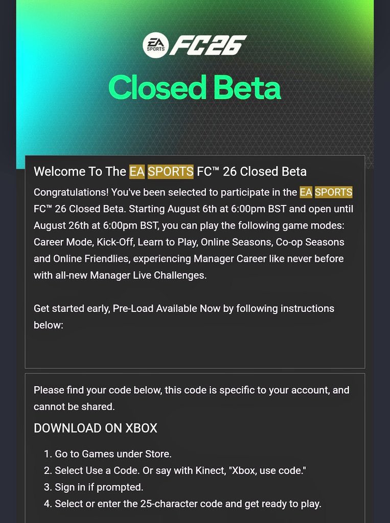 Its Not Soccer (@itsnotsoccerr2) on Twitter photo 🚨EAFC 26 BETA CODE GIVEAWAY 🚨
I’m giving away 5 free FC 26 BETA CODES TODAY!
5 Winners (2 PS5, 2 XBOX, 1 PC)
1️⃣ Follow: <a href="/itsnotsoccerr2/">Its Not Soccer</a> + <a href="/Willgamesplug/">Will Gaming Selling MUT&CUT26 Coins |MLB Stubs</a>
2️⃣ Like + RT
3️⃣ Reply with platform
⏰ 24 hours #fc26 #eafc 🚨EAFC 26 BETA CODE GIVEAWAY 🚨
I’m giving away 5 free FC 26 BETA CODES TODAY!
5 Winners (2 PS5, 2 XBOX, 1 PC)
1️⃣ Follow: <a href="/itsnotsoccerr2/">Its Not Soccer</a> + <a href="/Willgamesplug/">Will Gaming Selling MUT&CUT26 Coins |MLB Stubs</a>
2️⃣ Like + RT
3️⃣ Reply with platform
⏰ 24 hours #fc26 #eafc