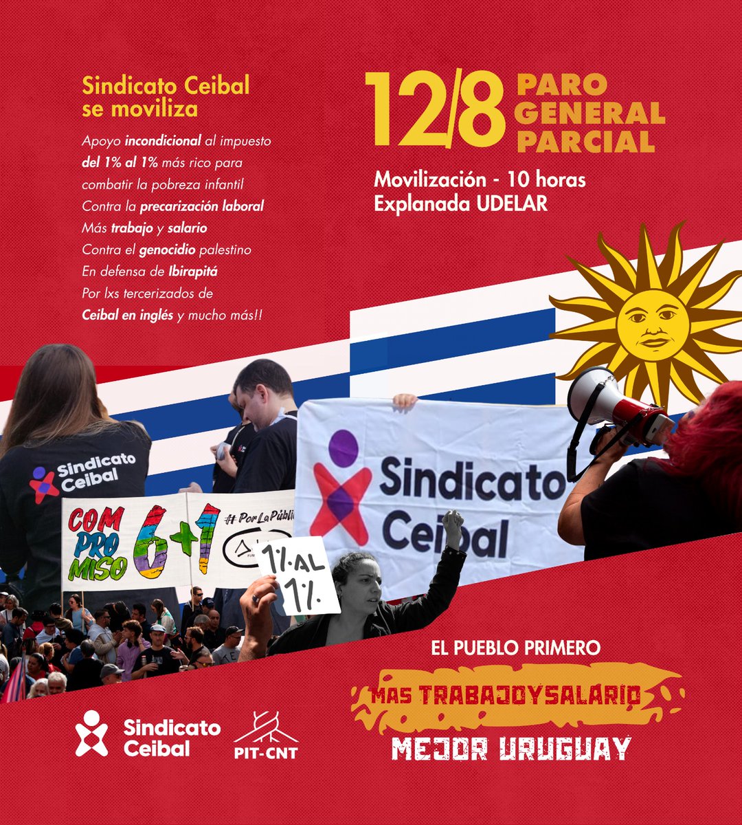 SindicatoCeibal's tweet photo. 📣12/8 ¡Paramos y movilizamos!
✅Contra la precarización laboral
✅En defensa de Ibirapitá
✅En apoyo a los y las trabajadoras tercerizadas de Ceibal en Inglés
✅En apoyo incondicional a la propuesta del  impuesto del 1% al 1% más rico para combatir la pobreza infantil
@PITCNT1 https://t.co/nYLguOp5vl