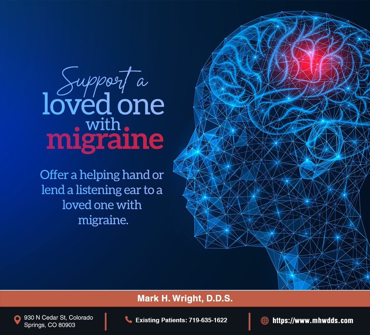 markhwrightdds's tweet image. Migraine is a common health condition that affects many people, and everyone experiences migraines differently. Help a loved one with migraine feel seen and heard by offering your support. #migraine #migrainesupport #markhwrightdds #coloradosprings #CO