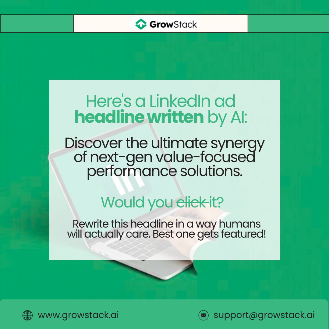 GrowStack AI (@growstackai) on Twitter photo AI isn’t always right. Think you can do better? Try rewriting this mess of a headline!
growstack.ai 📩 support@growstack.ai #BadCopy #AIvsHuman #MarketingFun #GrowStackChallenge AI isn’t always right. Think you can do better? Try rewriting this mess of a headline!
growstack.ai 📩 support@growstack.ai #BadCopy #AIvsHuman #MarketingFun #GrowStackChallenge