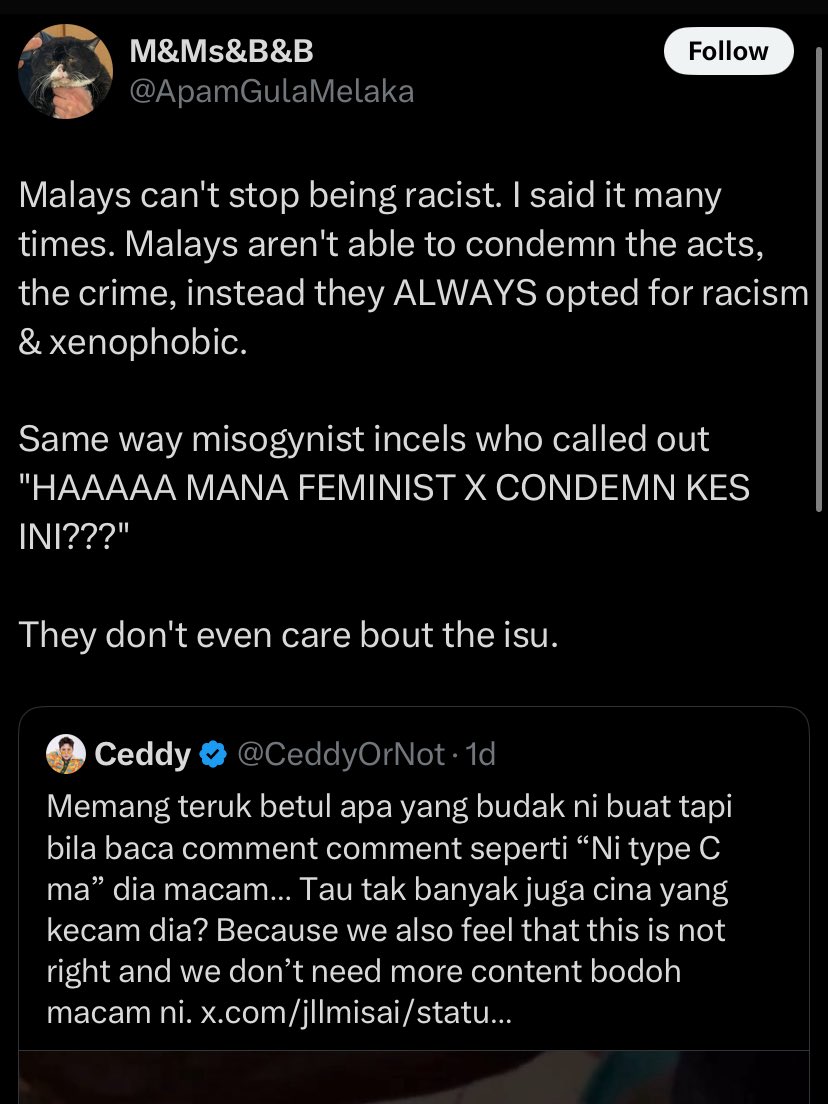 Kes cina buat konten tu, ada la sorang feminist bersuara, tapi tu pon reverse kutuk melayu jugak rasis, pertahankan ramai je cina yang kecam dia

Bila isu melayu korang 3 hari kutuk padahal ramai je lagi melayu kecam jugak, isu cina ni sorang pon tak nampak keluar ye 😂
