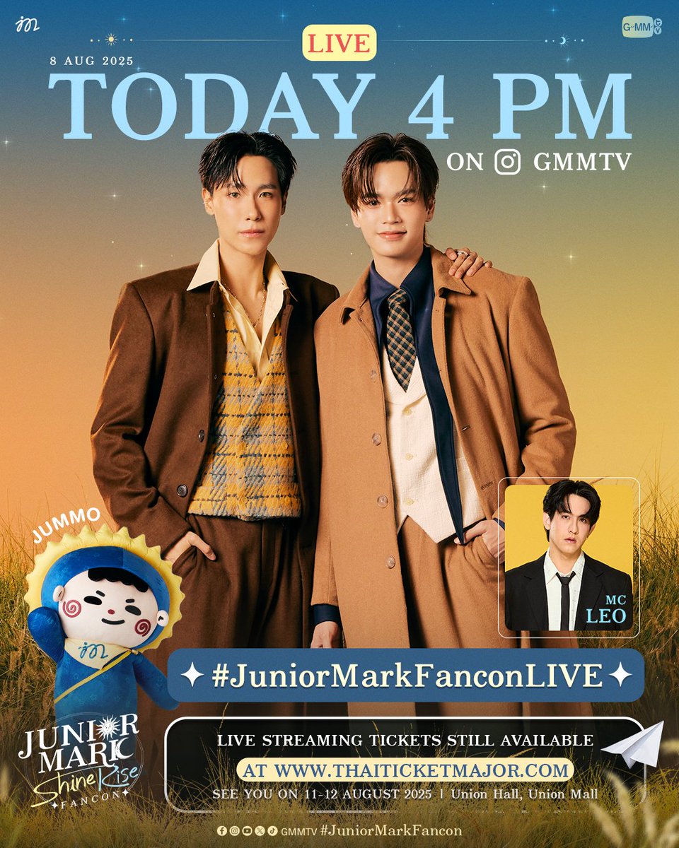 วันนี้! มาเช็กความพร้อมกับ “จูเนียร์-มาร์ค” ก่อนถึง #JuniorMarkFancon ✨

📍 Live เวลา 16:00 น. ทาง Instagram : GMMTV

‘JUNIOR MARK ShineRise FANCON’ 🌞🌛
สำหรับบัตรแบบ Live Streaming สามารถซื้อได้ตั้งแต่วันนี้จนถึงวันแสดง
Buy Live Streaming Tickets 👉 shorturl.at/Z7ynW
