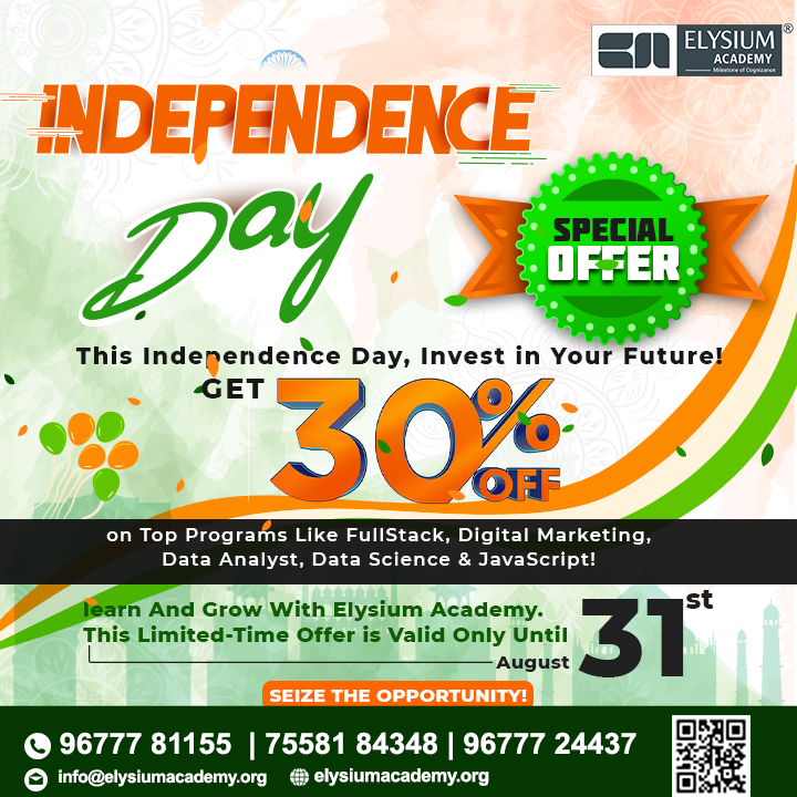 elysiumacademy's tweet photo. 🎯 Independence Day Mega Offer 30% OFF! | Elysium Academy Madurai 
🌐 Visit: https://t.co/vMnS0tLTST
#elysiumacademymadurai #softwaretraininginstitute #august #traininginstitutemadurai #independencedayoffer #specialoffer #fullstackdevelopmentcourse #digitalmarketingcourse https://t.co/aev3z9fBod