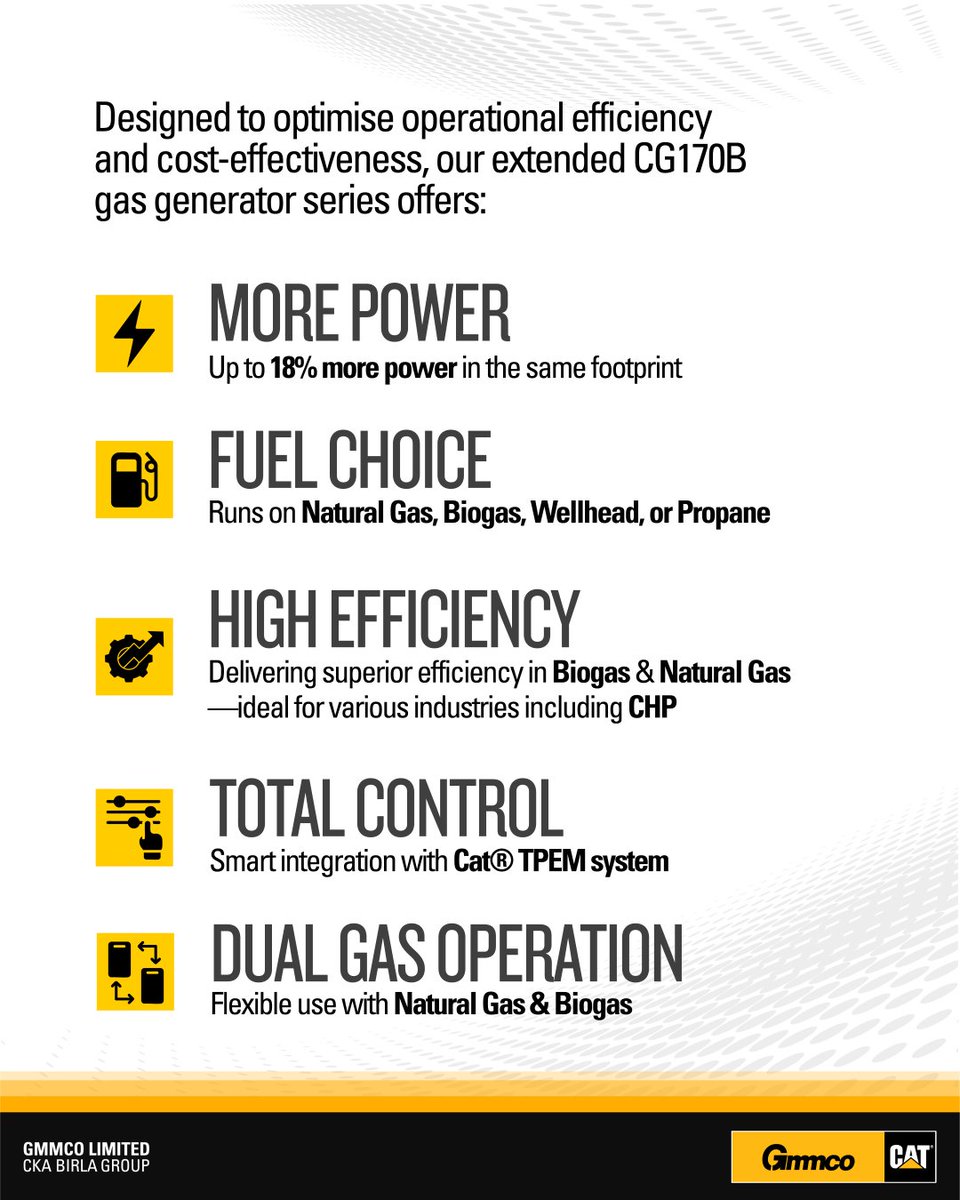 gmmco_cat's tweet photo. Efficiency Meets Power. Performance You Can Rely On.
Introducing the newly extended CAT® CG170B Gas Generator Series (1380–2300 kW) – your solution for high-efficiency, flexible, and powerful energy generation.
📞 Contact us to know more: 1800 425 2546
#gmmcocat #PowerSolutions https://t.co/RCHs77tgfF