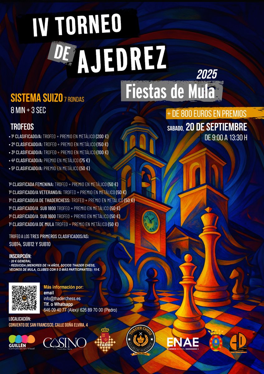 El día 20 de septiembre volveremos a organizar el IV TORNEO FIESTAS DE MULA 2025, vente disfrutar con nosotros del mejor ajedrez y de la oferta gastronómica y cultural de Mula. thaderchess.es/entradas/notic…