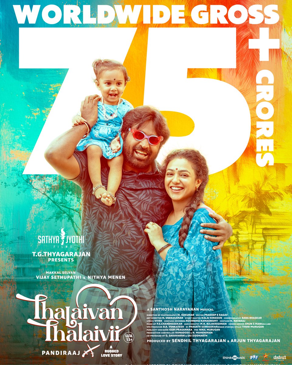 Sathya Jyothi Films (@sathyajyothi) on Twitter photo Families’ Favourite Blockbuster ❤️ 75 Cr+ Gross Worldwide! Unstoppable love continues for #ThalaivanThalaivii 🫶
#தலைவன்தலைவி
<a href="/VijaySethuOffl/">VijaySethupathi</a> <a href="/MenenNithya/">Nithya Menen</a> <a href="/pandiraaj_dir/">Pandiraaj</a> <a href="/iYogiBabu/">Yogi Babu</a>
<a href="/Music_Santhosh/">Santhosh Narayanan</a> <a href="/Lyricist_Vivek/">Vivek</a> <a href="/thinkmusicindia/">Think Music</a> <a href="/studio9_suresh/">RK SURESH</a>
<a href="/Roshni_offl/">Roshni Haripriyan</a> <a href="/kaaliactor/">Kaali Venkat</a> Families’ Favourite Blockbuster ❤️ 75 Cr+ Gross Worldwide! Unstoppable love continues for #ThalaivanThalaivii 🫶
#தலைவன்தலைவி
<a href="/VijaySethuOffl/">VijaySethupathi</a> <a href="/MenenNithya/">Nithya Menen</a> <a href="/pandiraaj_dir/">Pandiraaj</a> <a href="/iYogiBabu/">Yogi Babu</a>
<a href="/Music_Santhosh/">Santhosh Narayanan</a> <a href="/Lyricist_Vivek/">Vivek</a> <a href="/thinkmusicindia/">Think Music</a> <a href="/studio9_suresh/">RK SURESH</a>
<a href="/Roshni_offl/">Roshni Haripriyan</a> <a href="/kaaliactor/">Kaali Venkat</a>