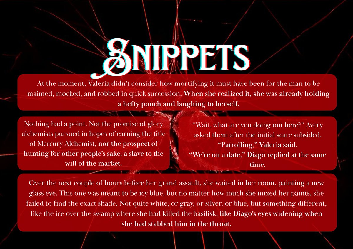 RAVENOUS APPETITES is a standalone adult dark fantasy novel featuring:

🔪 murder mystery
👁️ disability and queer rep
⚗️ alchemy x dark academia
🩸 unhinged FMC monster huntress
🐦‍⬛ gothic setting and romance
🧠 the illusion of meritocracy

Querying September!

#QuestPit #A #DF #W