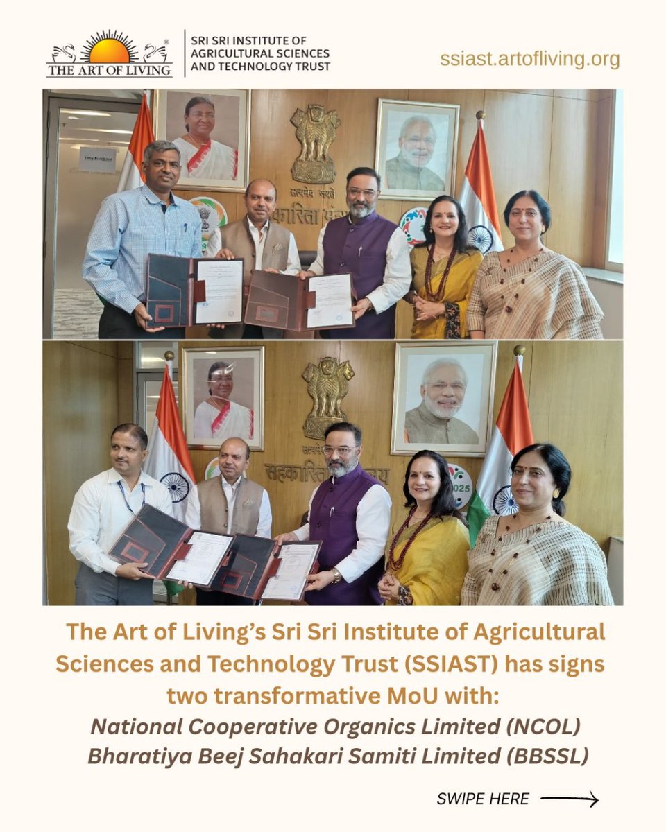 SSIAST's tweet image. The Art of Living’s Sri Sri Institute of Agricultural Sciences and Technology Trust (AOL SSIAST) has signed landmark MoUs with:
🔸 Bharatiya Beej Sahakari Samiti Limited (BBSSL) 
🔸 National Cooperative Organics Limited (NCOL) 

#SSIAST #BBSSL #NCOL #MoU