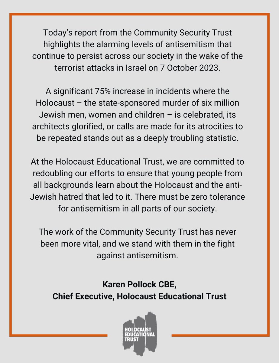 HolocaustUK's tweet photo. Our Chief Executive, @KarenPollock100 CBE, responds to @CST_UK's new Antisemitic Incident Report released today. https://t.co/06D460UIvx