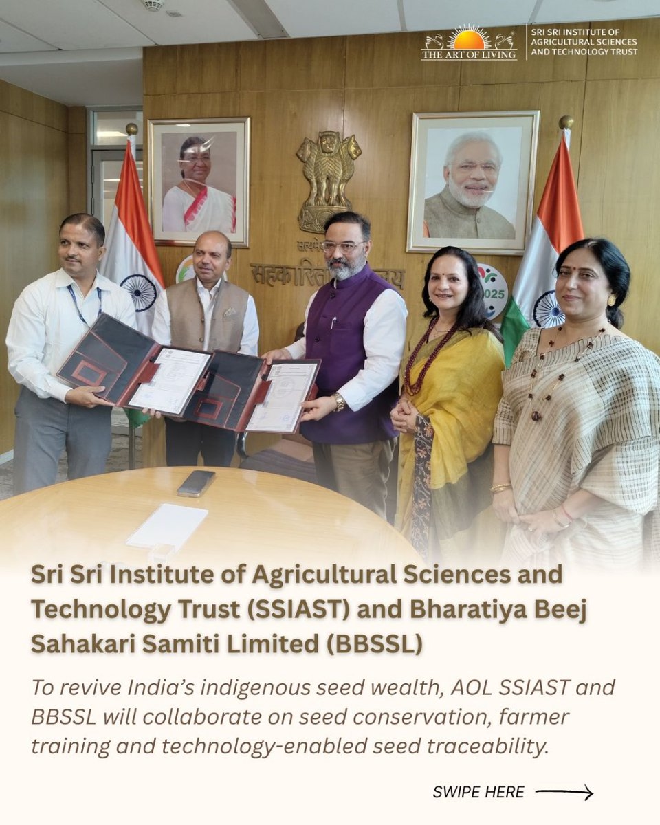 SSIAST's tweet image. The Art of Living’s Sri Sri Institute of Agricultural Sciences and Technology Trust (AOL SSIAST) has signed landmark MoUs with:
🔸 Bharatiya Beej Sahakari Samiti Limited (BBSSL) 
🔸 National Cooperative Organics Limited (NCOL) 

#SSIAST #BBSSL #NCOL #MoU
