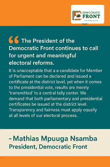 Democratic Front (DF) (@democraticfr) on Twitter photo <a href="/democraticfr/">Democratic Front (DF)</a> president <a href="/MathiasMpuuga/">Mathias Mpuuga</a> has consistently advocated for the #ElectoralReforms before 2026 elections if at all, the political playing field, and the election outcome is to be different.
#RealChangeActNow
<a href="/HonKakembo/">Hon. Kakembo Michael</a> <a href="/AbedBwanika/">Abed Bwanika</a> <a href="/juliet_kakande/">Juliet Nakabuye Kakande</a> <a href="/BusingeGilbert2/">Dr Businge Gilbert</a> <a href="/democraticfr/">Democratic Front (DF)</a> president <a href="/MathiasMpuuga/">Mathias Mpuuga</a> has consistently advocated for the #ElectoralReforms before 2026 elections if at all, the political playing field, and the election outcome is to be different.
#RealChangeActNow
<a href="/HonKakembo/">Hon. Kakembo Michael</a> <a href="/AbedBwanika/">Abed Bwanika</a> <a href="/juliet_kakande/">Juliet Nakabuye Kakande</a> <a href="/BusingeGilbert2/">Dr Businge Gilbert</a>