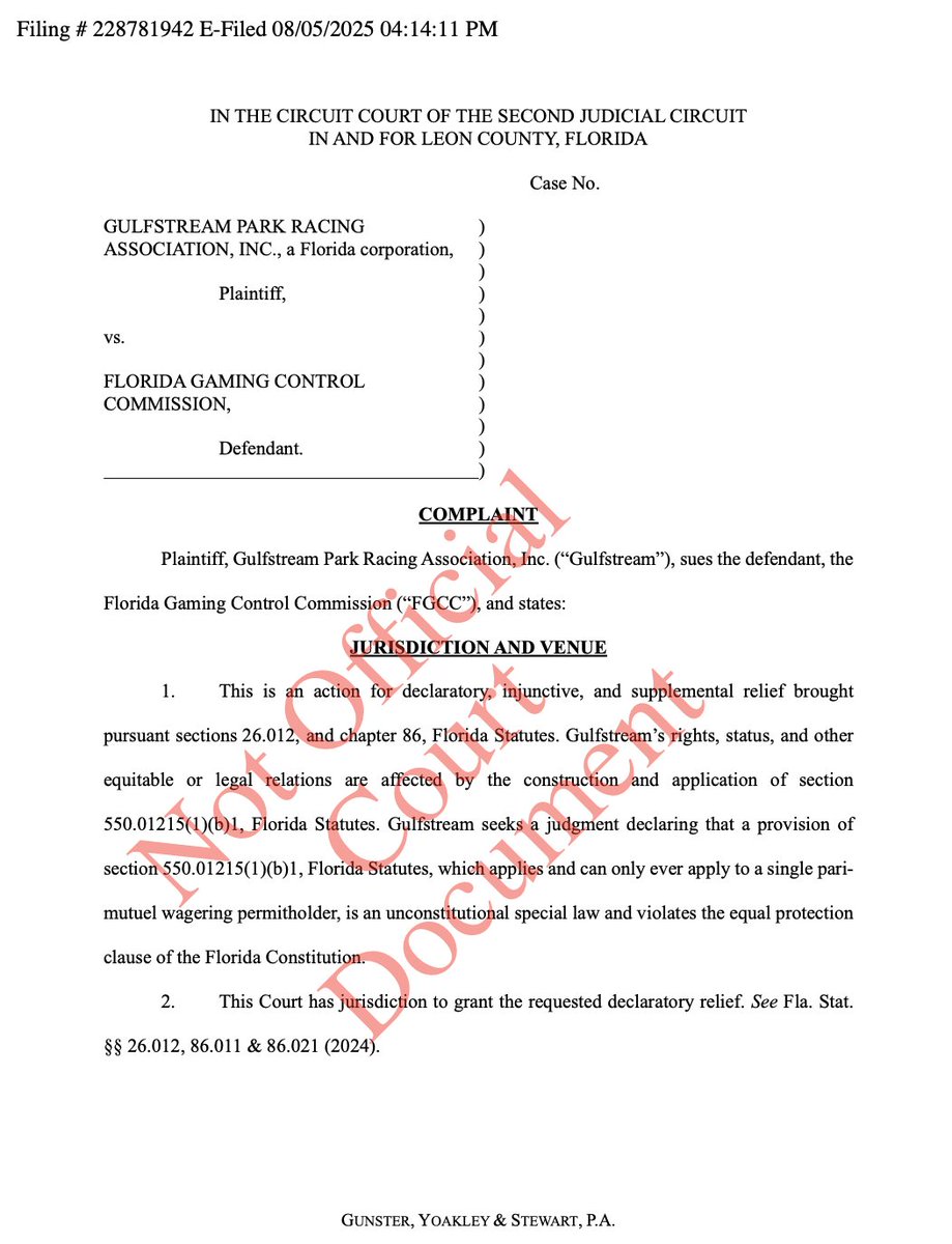 NEW: Gulfstream Park has filed a lawsuit challenging the constitutionally of a 2021 decoupling law which relieved EVERY Florida pari-mutuel class (except thoroughbreds) from the obligation to conduct a minimum number of live races/games as a condition of operating slot machines.