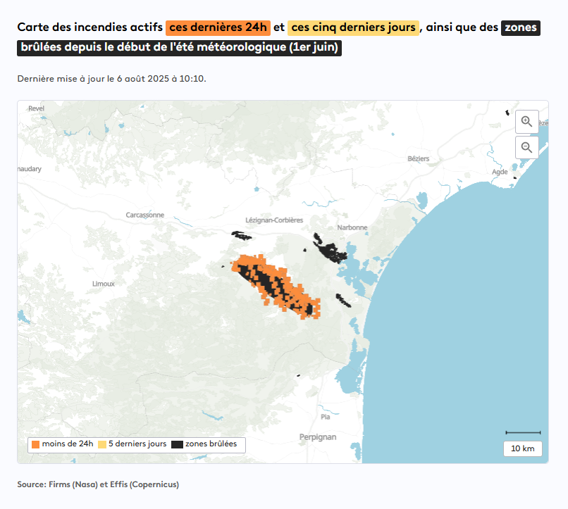 val_stoquer's tweet photo. 13 000 hectares déjà brûlés dans l'Aude. 

Suivez l'évolution du feu sur @franceinfo avec notre carte mise à jour régulièrement grâce aux données satellites.

https://t.co/A2Y9FT9M9R https://t.co/cdmLCZlqPa