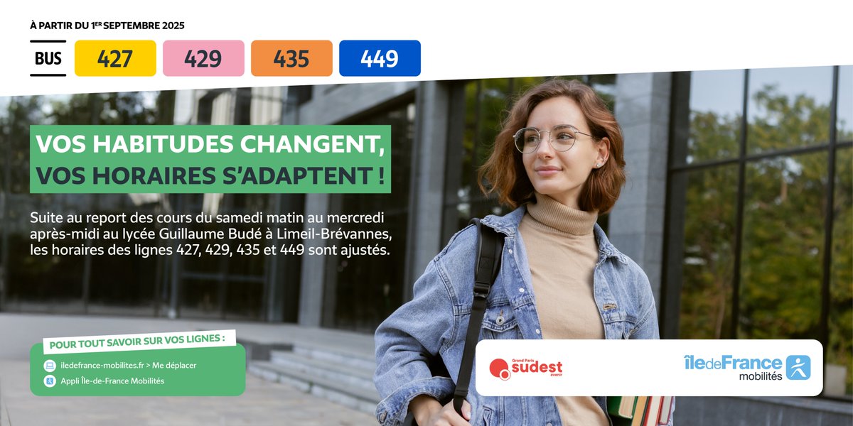 Bus Marne et Seine (@marneseine_idfm) on Twitter photo À partir du 1er septembre 2024, vos lignes de bus évoluent #Ligne427 #Ligne429 #Ligne435 #Ligne449 ! Découvrez l’ensemble des nouveautés des lignes de votre territoire
<a href="/MarneSeine_IDFM/">Bus Marne et Seine</a>
Retrouvez toute l'actu de vos lignes sur la page d'actu locale ici :iledefrance-mobilites.fr/actualites À partir du 1er septembre 2024, vos lignes de bus évoluent #Ligne427 #Ligne429 #Ligne435 #Ligne449 ! Découvrez l’ensemble des nouveautés des lignes de votre territoire
<a href="/MarneSeine_IDFM/">Bus Marne et Seine</a>
Retrouvez toute l'actu de vos lignes sur la page d'actu locale ici :iledefrance-mobilites.fr/actualites