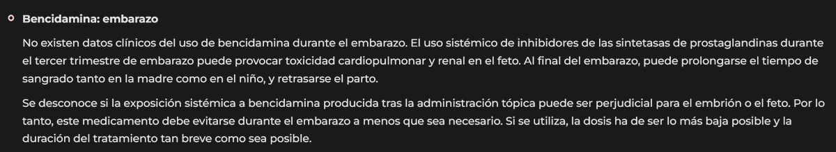 Bencidamina: embarazo
Antinflamatorio en formulaciones orales, tópicas/para lavados vaginales (Rosalgin®)
Oral, efectos adversos como AINE similares en 3er trimestre y antes de parto
Tópico/vag, evitar por efectos ad. no conocidos aemps.gob.es/informa/boleti… Boletín <a href="/AEMPSGOB/">AEMPS</a> #SegPac