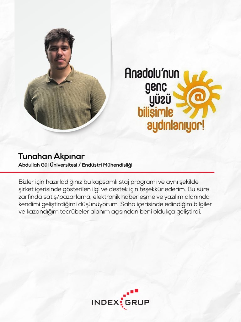 indexgrup's tweet image. Kendilerini gelecekte sektörümüzün lider isimleri arasında görmeyi ümit ediyor, kariyer yolculuklarında başarılar diliyoruz.
 
#AGYBA #StajProgramı