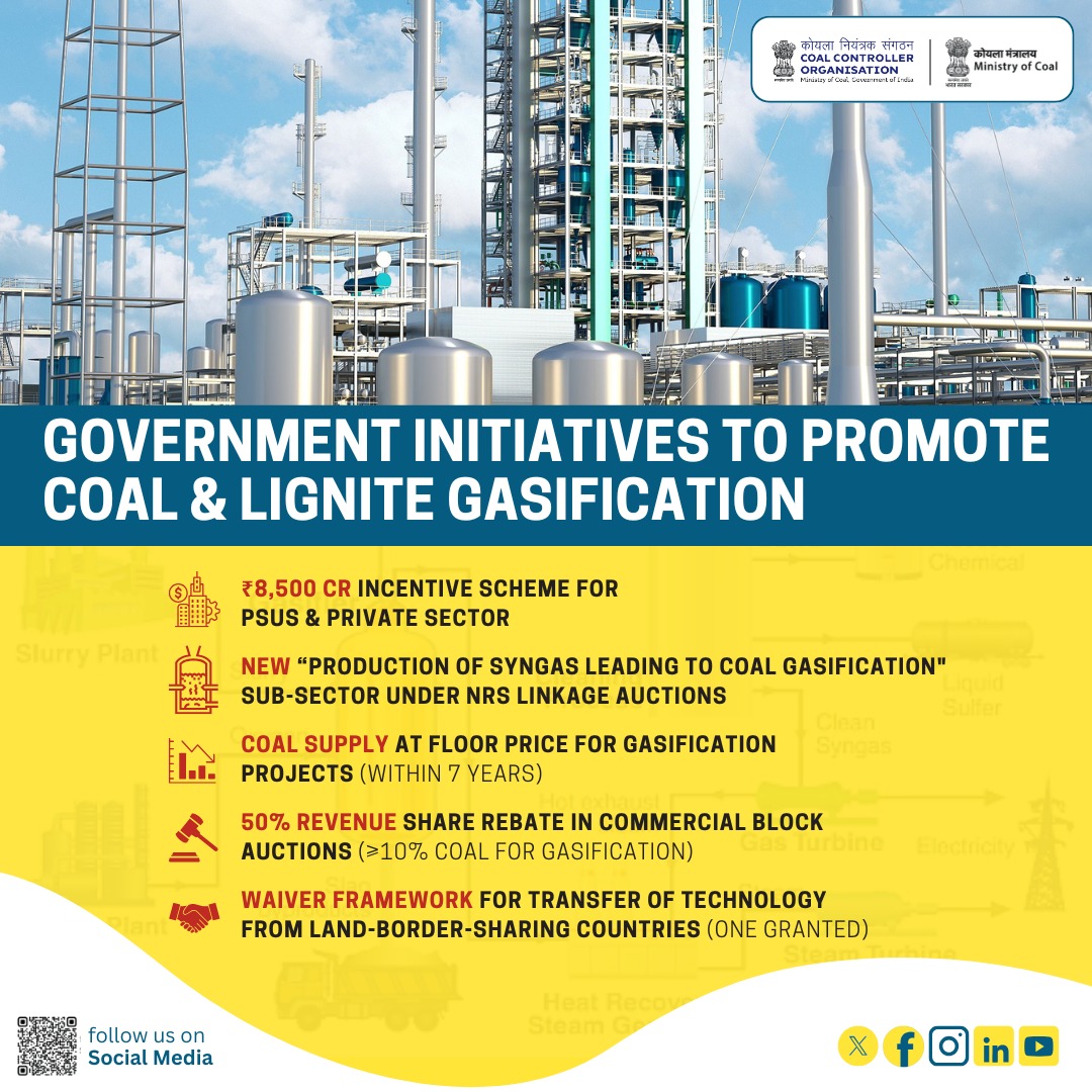 Driving a cleaner coal future!

Government accelerates #CoalGasification with ₹8,500Cr incentives, new Syngas sub-sector, cheaper coal supply, revenue rebates &amp; tech waivers paving the way for cleaner, sustainable energy.

#CCO #CleanEnergy #SustainableMining #Syngas  #PIB #MoC