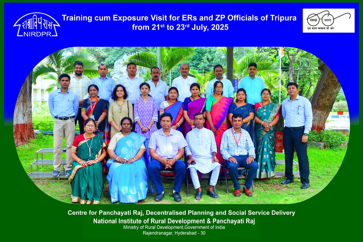 NIRDPR_India's tweet photo. π€οΈ A 3-day training cum exposure visit for ERs & ZP officials from #Tripura was held at @NIRDPR_India during 21β23 July 2025.
The Sessions focused on #DecentralisedGovernance, #PanchayatiRaj, and #InclusiveRuralDevelopment. https://t.co/IgjTRlTRom