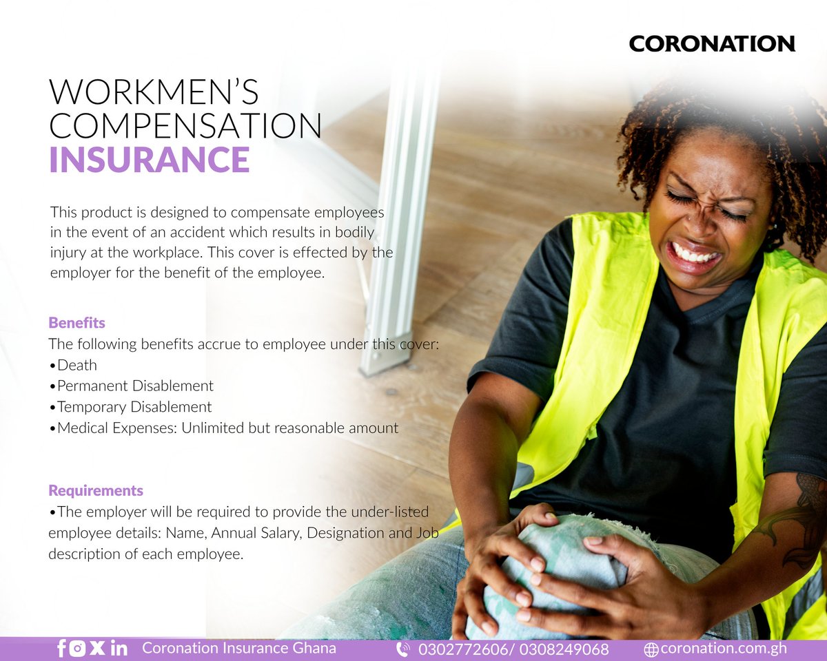 coronationghana's tweet image. Protect the hands that build your business.
Workmen’s Compensation Insurance ensures your employees are covered when the unexpected happens on the job.
#WorkplaceProtection
#WorkmensCompensation
#StayCovered
#coronation