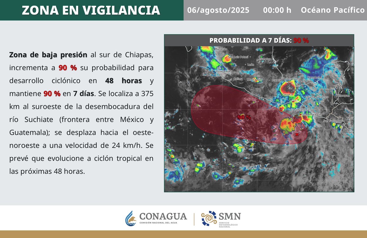 ⚠️ El #SMNmx 🇲🇽 vigila una zona de #BajaPresión con potencial para desarrollar un #CiclónTropical en el océano #Pacifico.

🤓 Más información en la imagen. 👇