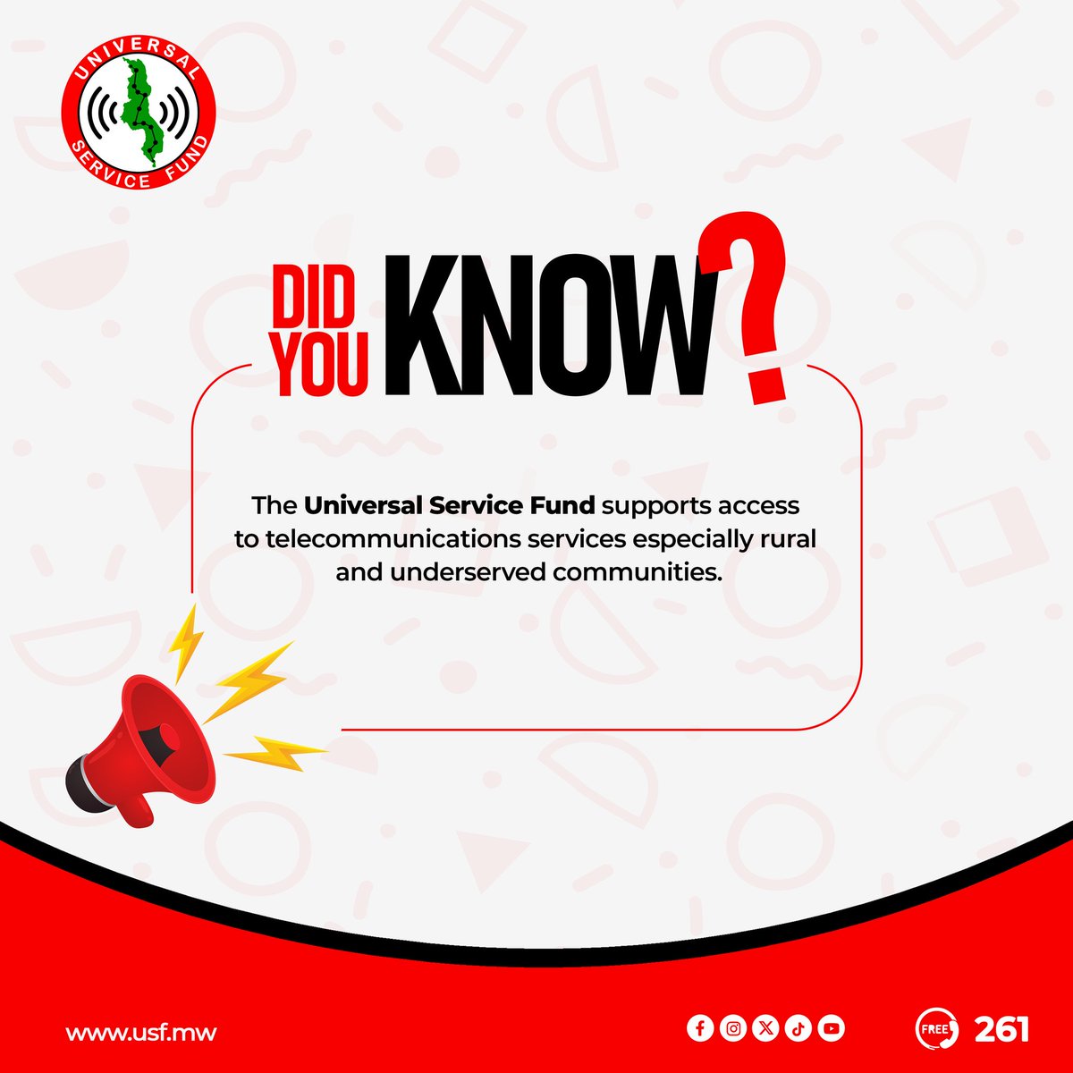 MACRAMALAWI's tweet photo. DID YOU KNOW?
The Universal Service Fund helps bring telecom services closer to rural and underserved areas, making sure no one is left behind in the digital world.
#USF
#MACRA
#mwCert
#MUUNIFundMW
#DataProtectionAuthoritymw
#QualityAffordableSecureCommunicationServices https://t.co/9533LDQDma