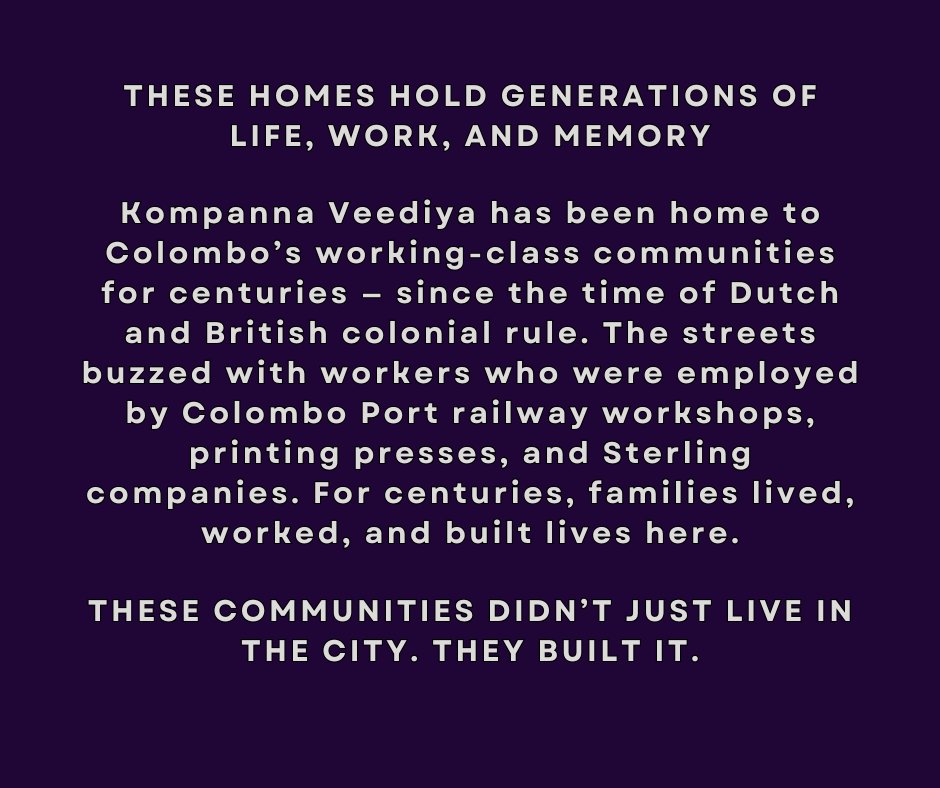 Asha L. Abeyasekera (@aabeyasekera) on Twitter photo These homes hold history.
These people built the city.
What happens when we discard them to the peripheries?
What happens to collective memory?
#ColomboIsOurVillage #RighttotheCity #RightToStay
#LivableHomes #CaringCommunities #InclusiveCity These homes hold history.
These people built the city.
What happens when we discard them to the peripheries?
What happens to collective memory?
#ColomboIsOurVillage #RighttotheCity #RightToStay
#LivableHomes #CaringCommunities #InclusiveCity