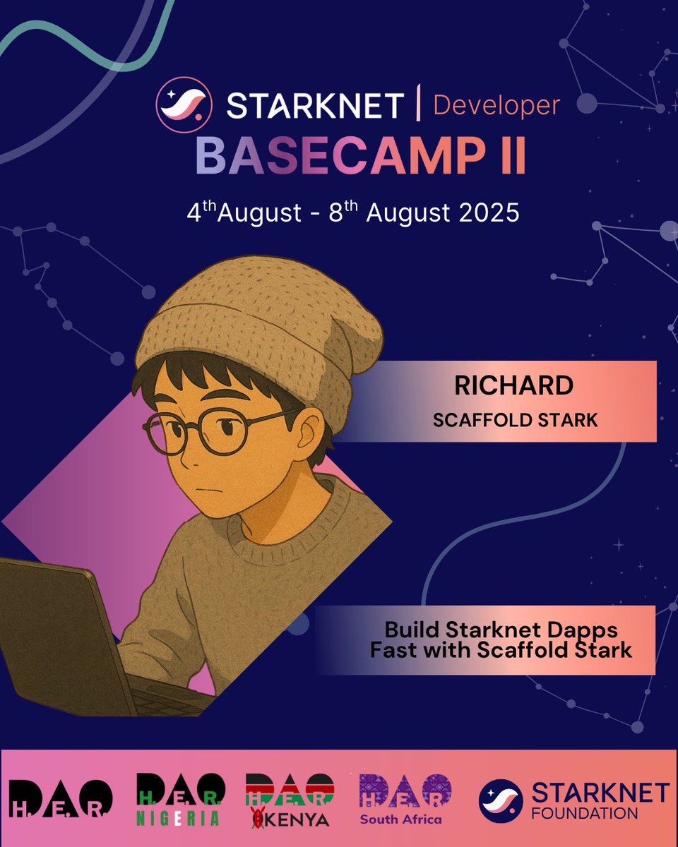 H.E.R. DAO Kenya 🔝Devcamp (@herdao_kenya) on Twitter photo We’re back with our 2nd session for BASECAMP II!
Today, we’re diving into one of the fastest ways to build on Starknet.
Join us for a hands-on session with <a href="/themetalboyrick/">Richard / Rick</a> on how to build Starknet dApps at lightning speed using Scaffold Stark!
📅 Today, 6th August
⏰ 8–10 PM We’re back with our 2nd session for BASECAMP II!
Today, we’re diving into one of the fastest ways to build on Starknet.
Join us for a hands-on session with <a href="/themetalboyrick/">Richard / Rick</a> on how to build Starknet dApps at lightning speed using Scaffold Stark!
📅 Today, 6th August
⏰ 8–10 PM