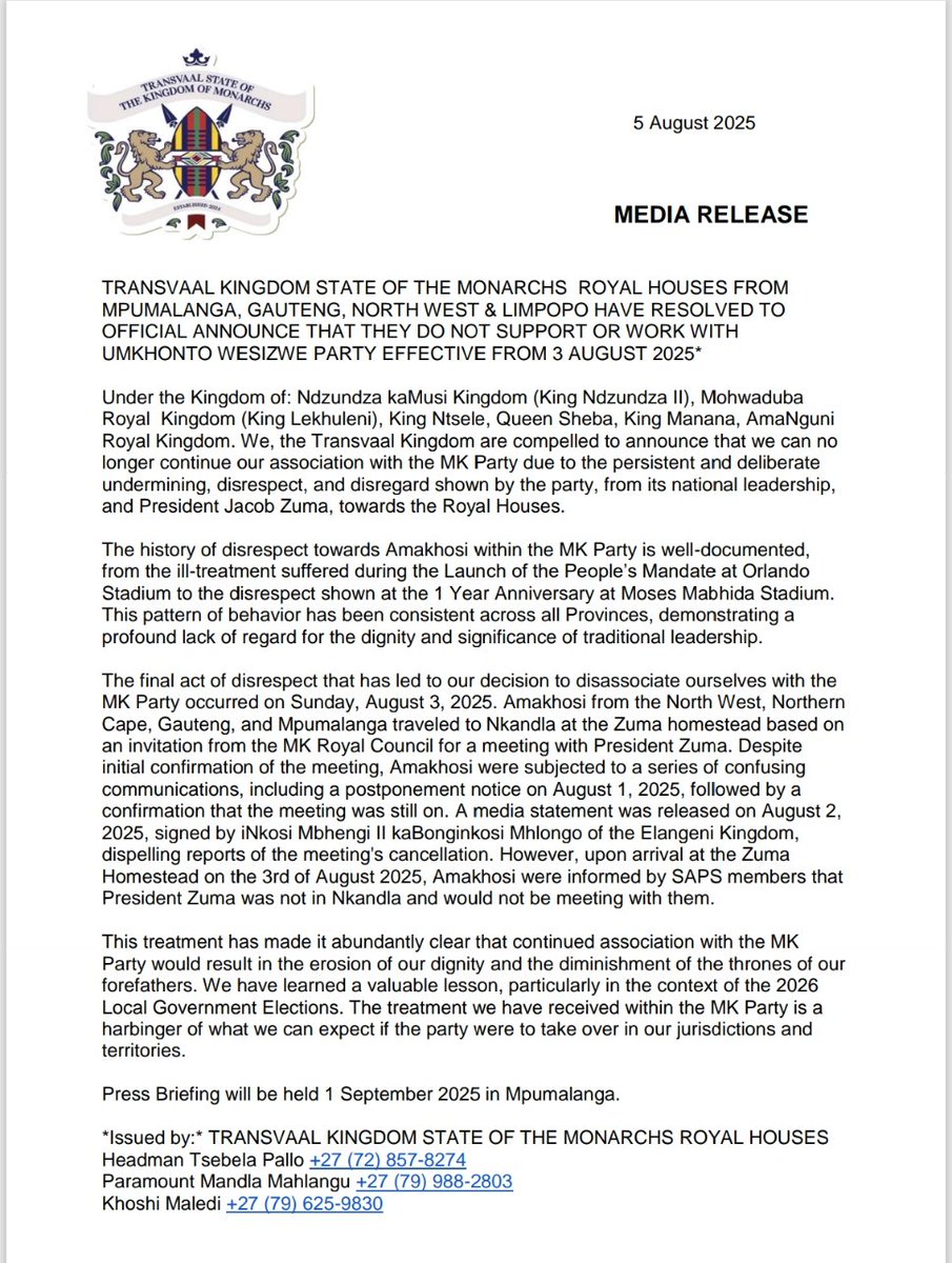 INJEJE yabeNGUNI Council (@injejecouncil) on Twitter photo TRANSVAAL KINGDOM OF MONARCHS has resolved to withdraw its support for the <a href="/MkhontoweSizwex/">uMkhonto WeSizwe Party (Official)</a> Party effective immediately!
A Press Briefing will be held on the 1st of September 2025!
........
INJEJE Executive Assembly will be convening this afternoon - Statement will follow! TRANSVAAL KINGDOM OF MONARCHS has resolved to withdraw its support for the <a href="/MkhontoweSizwex/">uMkhonto WeSizwe Party (Official)</a> Party effective immediately!
A Press Briefing will be held on the 1st of September 2025!
........
INJEJE Executive Assembly will be convening this afternoon - Statement will follow!