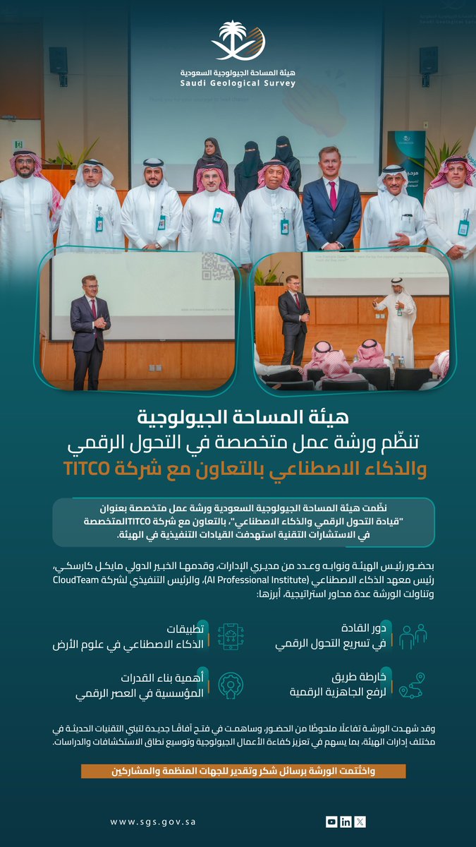 عقد ورشة عمل التحول الرقمي والذكاء الاصطناعي بالتعاون مع شركة TITCO
بحضور سعادة الرئيس التنفيذي للهيئة المهندس عبدالله بن مفطر الشمراني وعدد من قيادات الهيئة، أقامت الهيئة بالتعاون مع شركة TITCO المختصة في الاستشارات التقنية ورشة عمل بعنوان "قيادة التحول الرقمي والذكاء