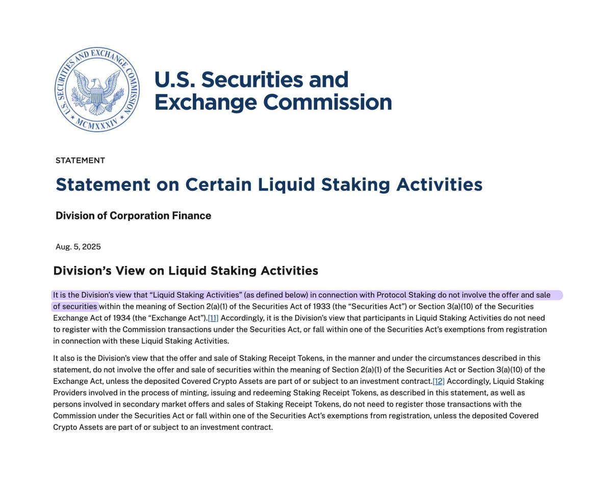 SEC confirms that liquid staking is NOT a security.

✅ Good for DeFi and Payments
✅ Good news for ETH, Lido, Rocket Pool

Liquid staking is earning rewards on your crypto without locking it up.

Platforms can keep building without fear of SEC crackdowns. Big win for Crypto.