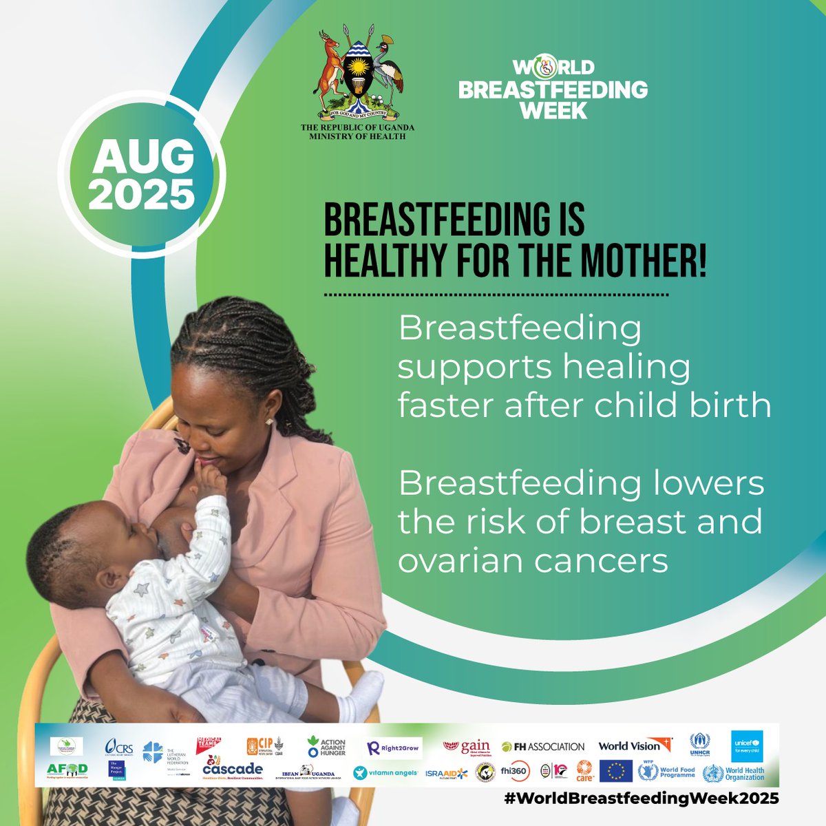 NutritionistsUg's tweet photo. Day 6 of #WBW2025
#Breastfeeding isn’t just for  the 👶🏽,  it helps #mama too! 

It speeds up healing, lowers stress, protects against #depression &amp; some #cancers.

When we #SupportBreastfeeding, we support mama’s full recovery, so she can thrive in #motherhood and her #LifeGoals. https://t.co/05w2TUjPQT