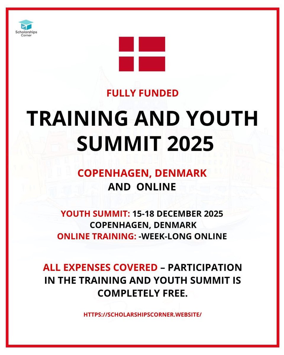 Training and Youth Summit 2025 | Denmark + Online 

Youth Summit: 15-18 December 2025, Copenhagen, Denmark
Online Training: -week-long online

Link: scholarshipscorner.website/asef-training-…

Deadline:  7 September 2025

Credit:  2024 Asia-Europe Foundation (ASEF)