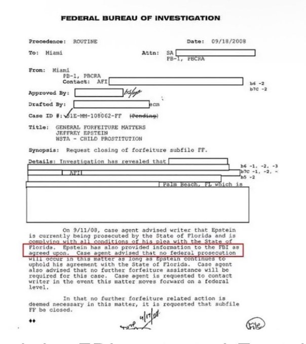 New Details Emerging: FBI documents from 2008 confirm that Jeffrey Epstein served as an informant for the FBI as part of a non-prosecution agreement arranged with the State of Florida.