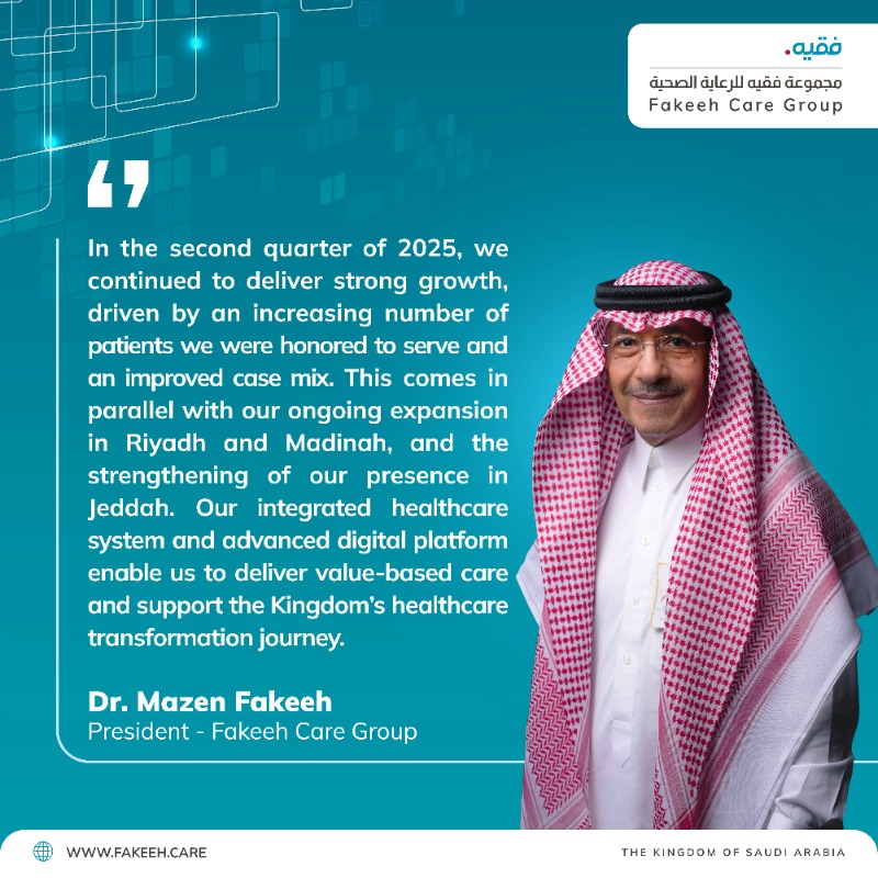 مجموعة فقيه للرعاية الصحية (@fakeehcaregroup) on Twitter photo Fakeeh Care Group continues its outstanding performance in Q2 2025, achieving strong growth alongside ongoing expansion in Riyadh and Madinah, and a stronger presence in Jeddah—reflecting the strength of its integrated system and its ability to provide high-quality healthcare. Fakeeh Care Group continues its outstanding performance in Q2 2025, achieving strong growth alongside ongoing expansion in Riyadh and Madinah, and a stronger presence in Jeddah—reflecting the strength of its integrated system and its ability to provide high-quality healthcare.