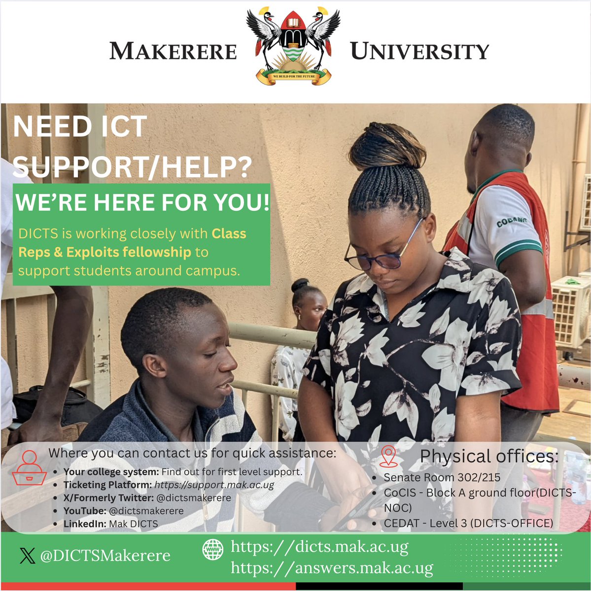 Directorate For ICT Support - Makerere University (@dictsmakerere) on Twitter photo To the <a href="/Makerere/">Makerere University</a> student community especially freshers. DICTS is working closely with Class Reps & members from Exploit fellowship to support students.
Don't allow to be scammed.
Reach out to DICTS via support.mak.ac.ug and in the physical locations shown on the flyer. To the <a href="/Makerere/">Makerere University</a> student community especially freshers. DICTS is working closely with Class Reps & members from Exploit fellowship to support students.
Don't allow to be scammed.
Reach out to DICTS via support.mak.ac.ug and in the physical locations shown on the flyer.