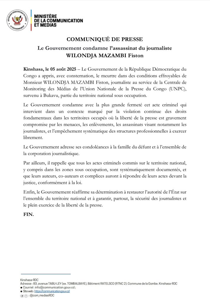 L'oeil intelligent 👁️ (@onesimemuamba) on Twitter photo 💠💠💠💠💠
#COMMUNIQUÉ
Le Gouvernement de la République Démocratique du Congo condamne avec fermeté l’assassinat du journaliste Wilondja Mazambi Fiston.
<a href="/PatrickMuyaya/">Patrick Muyaya</a>
<a href="/tresorkanda2/">TRÉSOR MWANZA</a>
<a href="/PatrickLokala_/">Patrick Lokala</a>
#RDC #LibertéDeLaPresse 💠💠💠💠💠
#COMMUNIQUÉ
Le Gouvernement de la République Démocratique du Congo condamne avec fermeté l’assassinat du journaliste Wilondja Mazambi Fiston.
<a href="/PatrickMuyaya/">Patrick Muyaya</a>
<a href="/tresorkanda2/">TRÉSOR MWANZA</a>
<a href="/PatrickLokala_/">Patrick Lokala</a>
#RDC #LibertéDeLaPresse