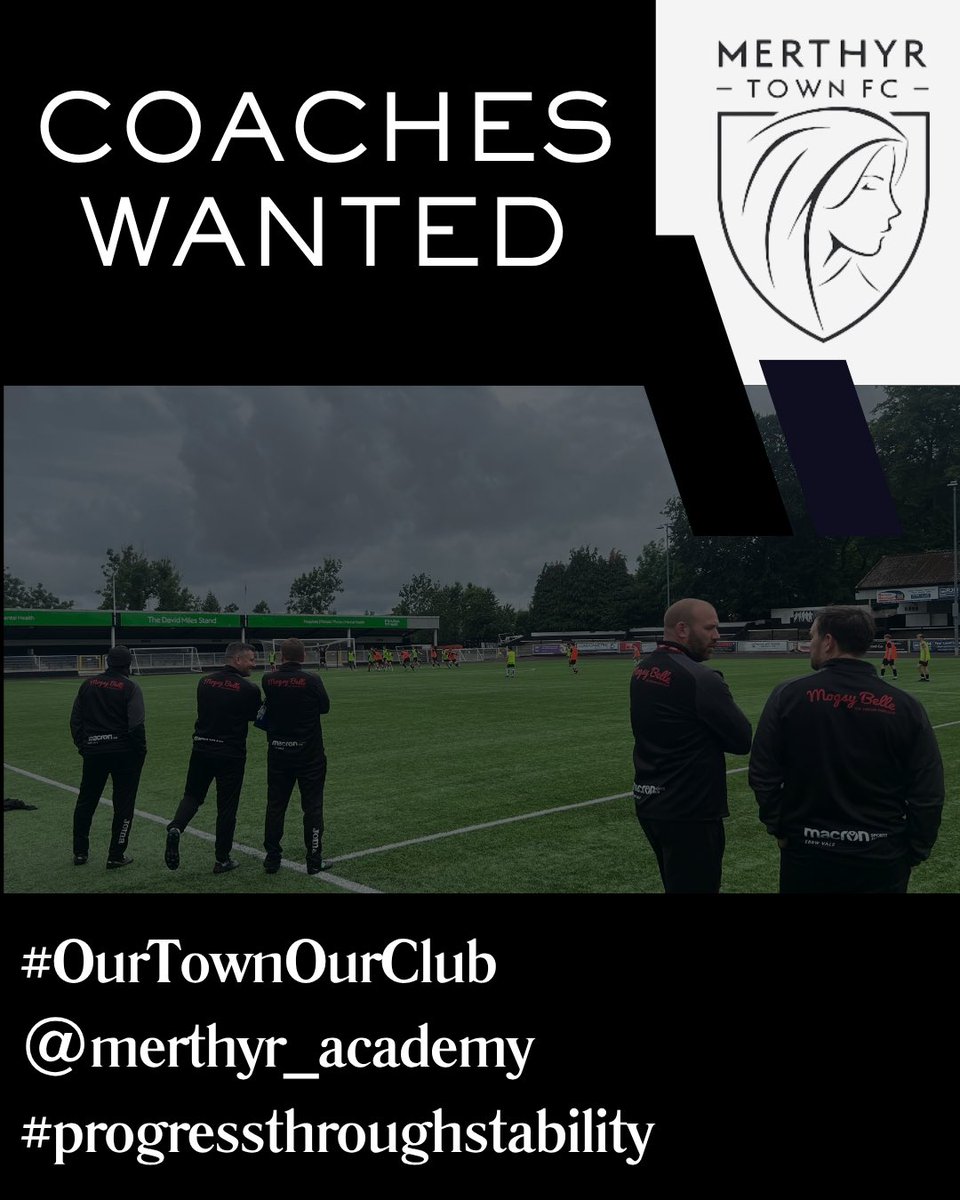 We're Hiring – Academy Coach Wanted!
Merthyr Town FC is looking for a passionate Academy Coach to lead training &amp; matchdays at Penydarren Park
✅ FAW C Licence required
📍 Merthyr Tydfil
📩 Apply: merthyrtownacademy2010@gmail.com

Coach. Inspire. Shape the future. <a href="/MerthyrTownFC/">The Martyrs</a>