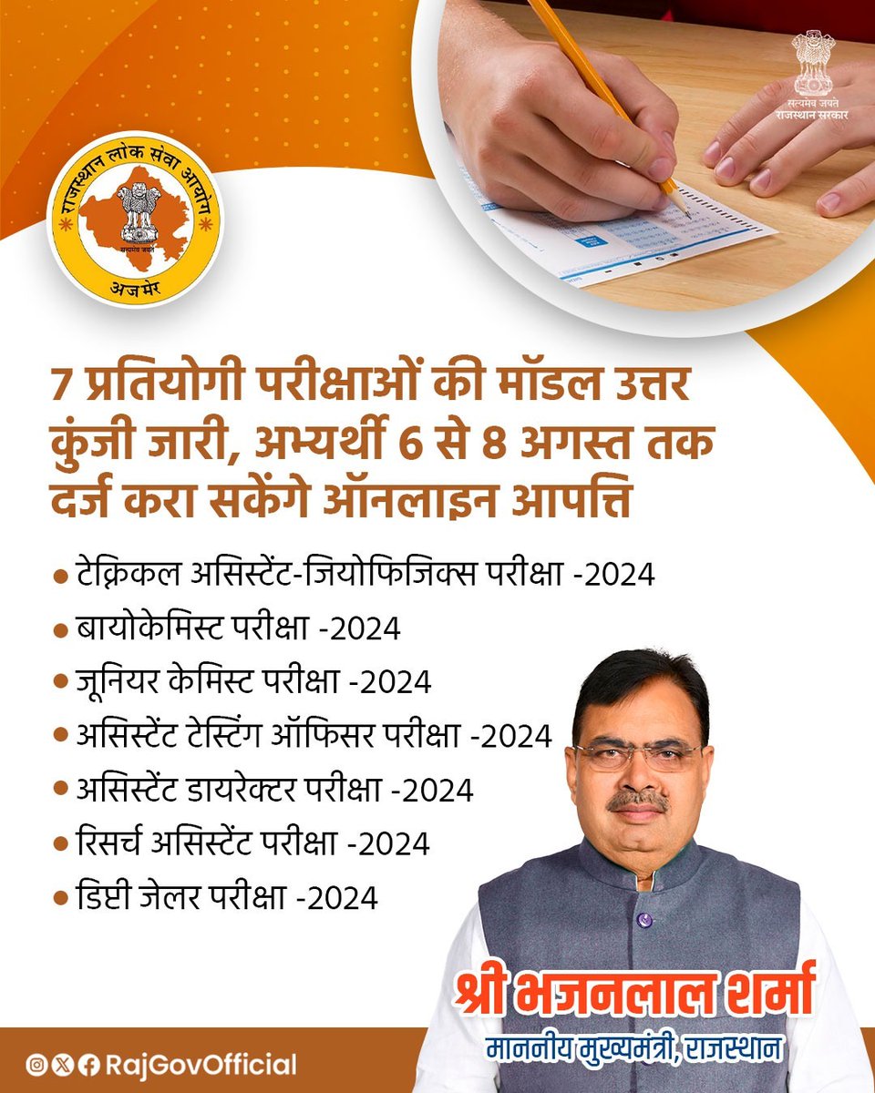 Government of Rajasthan (@rajgovofficial) on Twitter photo рд░рд╛рдЬрд╕реНрдерд╛рди рд▓реЛрдХ рд╕реЗрд╡рд╛ рдЖрдпреЛрдЧ рджреНрд╡рд╛рд░рд╛ 7 рдкреНрд░рддрд┐рдпреЛрдЧреА рдкрд░реАрдХреНрд╖рд╛рдУрдВ рдХреА рдореЙрдбрд▓ рдЙрддреНрддрд░ рдХреБрдВрдЬреА рдЬрд╛рд░реА рдХреА рдЧрдИ рд╣реИред рдЕрднреНрдпрд░реНрдереА рдЗрди рдЙрддреНрддрд░ рдХреБрдВрдЬрд┐рдпреЛрдВ рдкрд░ рдЕрдкрдиреА рдЖрдкрддреНрддрд┐ 6 рд╕реЗ 8 рдЕрдЧрд╕реНрдд, 2025 рдХреА рд░рд╛рдд 12 рдмрдЬреЗ рддрдХ рдСрдирд▓рд╛рдЗрди рджрд░реНрдЬ рдХрд░рд╛ рд╕рдХрддреЗ рд╣реИрдВред рдЗрд╕рдХреА рд╡рд┐рд╕реНрддреГрдд рдЬрд╛рдирдХрд╛рд░реА рдЖрдпреЛрдЧ рдХреА рд╡реЗрдмрд╕рд╛рдЗрдЯ (rpsc.rajasthan.gov.in) рдкрд░ рдЙрдкрд▓рдмреНрдз рд╣реИред рд░рд╛рдЬрд╕реНрдерд╛рди рд▓реЛрдХ рд╕реЗрд╡рд╛ рдЖрдпреЛрдЧ рджреНрд╡рд╛рд░рд╛ 7 рдкреНрд░рддрд┐рдпреЛрдЧреА рдкрд░реАрдХреНрд╖рд╛рдУрдВ рдХреА рдореЙрдбрд▓ рдЙрддреНрддрд░ рдХреБрдВрдЬреА рдЬрд╛рд░реА рдХреА рдЧрдИ рд╣реИред рдЕрднреНрдпрд░реНрдереА рдЗрди рдЙрддреНрддрд░ рдХреБрдВрдЬрд┐рдпреЛрдВ рдкрд░ рдЕрдкрдиреА рдЖрдкрддреНрддрд┐ 6 рд╕реЗ 8 рдЕрдЧрд╕реНрдд, 2025 рдХреА рд░рд╛рдд 12 рдмрдЬреЗ рддрдХ рдСрдирд▓рд╛рдЗрди рджрд░реНрдЬ рдХрд░рд╛ рд╕рдХрддреЗ рд╣реИрдВред рдЗрд╕рдХреА рд╡рд┐рд╕реНрддреГрдд рдЬрд╛рдирдХрд╛рд░реА рдЖрдпреЛрдЧ рдХреА рд╡реЗрдмрд╕рд╛рдЗрдЯ (rpsc.rajasthan.gov.in) рдкрд░ рдЙрдкрд▓рдмреНрдз рд╣реИред