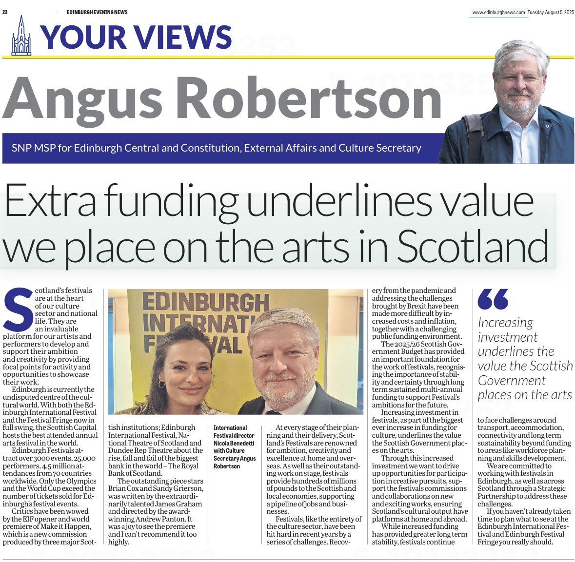Angus Robertson (@angusrobertson) on Twitter photo Edinburgh is currently the undisputed centre of the cultural world. With both the <a href="/edintfest/">Edinburgh International Festival</a> and the <a href="/edfringe/">Edinburgh Festival Fringe</a> now in full swing, the Scottish Capital hosts the best attended annual arts festival in the world. Edinburgh is currently the undisputed centre of the cultural world. With both the <a href="/edintfest/">Edinburgh International Festival</a> and the <a href="/edfringe/">Edinburgh Festival Fringe</a> now in full swing, the Scottish Capital hosts the best attended annual arts festival in the world.
