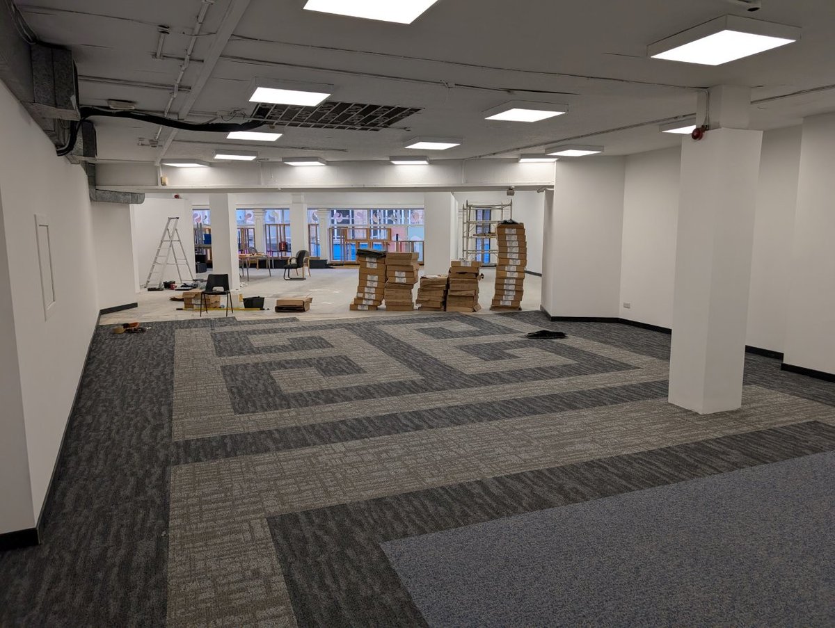 Great progress on Gallery Two.  Two halves of a Greek temple emerging thanks to S&amp;R Flooring.  Rear salon tiled &amp; front pillared gallery to be marbleised in vinyl polyflor.  This will look stunning when complete.  Grand reveal 30 Aug.  We build things in Paisley! <a href="/artdeptpaisley/">artdeptpaisley</a>