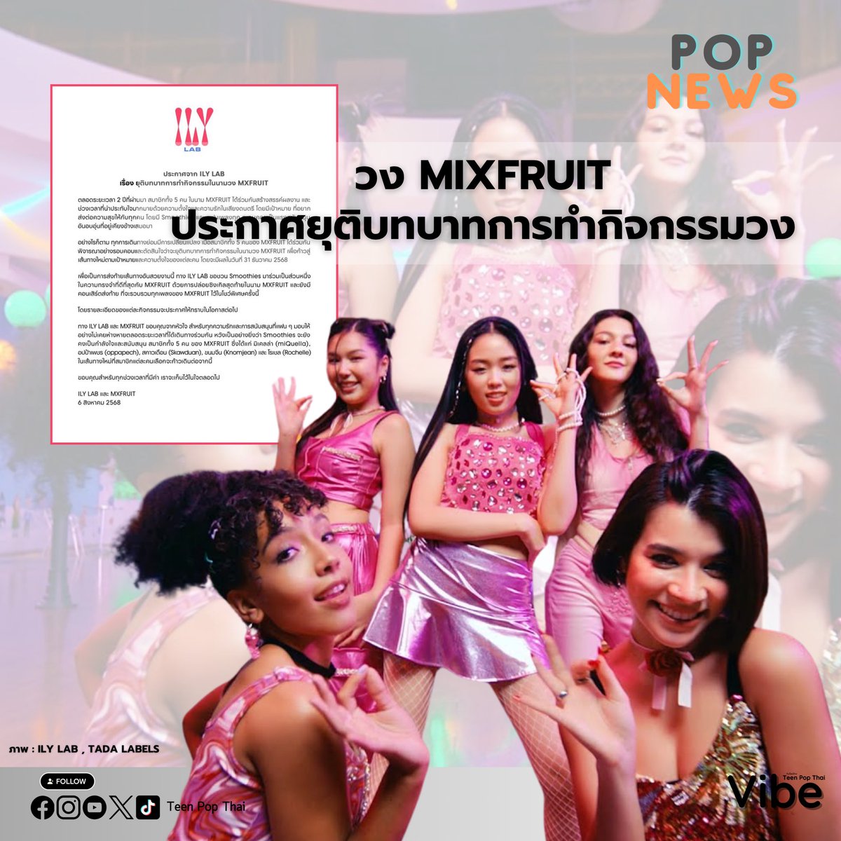 teenpopthai's tweet photo. MIXFRUIT ยุติบทบาทการทำกิจกรรมวง | POP NEWS
ILY LAB ได้ออกประกาศ ยุติบทบาทการทำกิจกรรมในนามวง MXFRUIT พร้อมจะปล่อยซิงเกิลสุดท้ายในนาม MXFRUIT และคอนเสิร์ตส่งท้าย
#MIXFRUIT
#TADA #ILYLAB
#TPOP
#TEENPOPTHAI
#TEENPOPTHAIVIBE https://t.co/cYxmMulenS