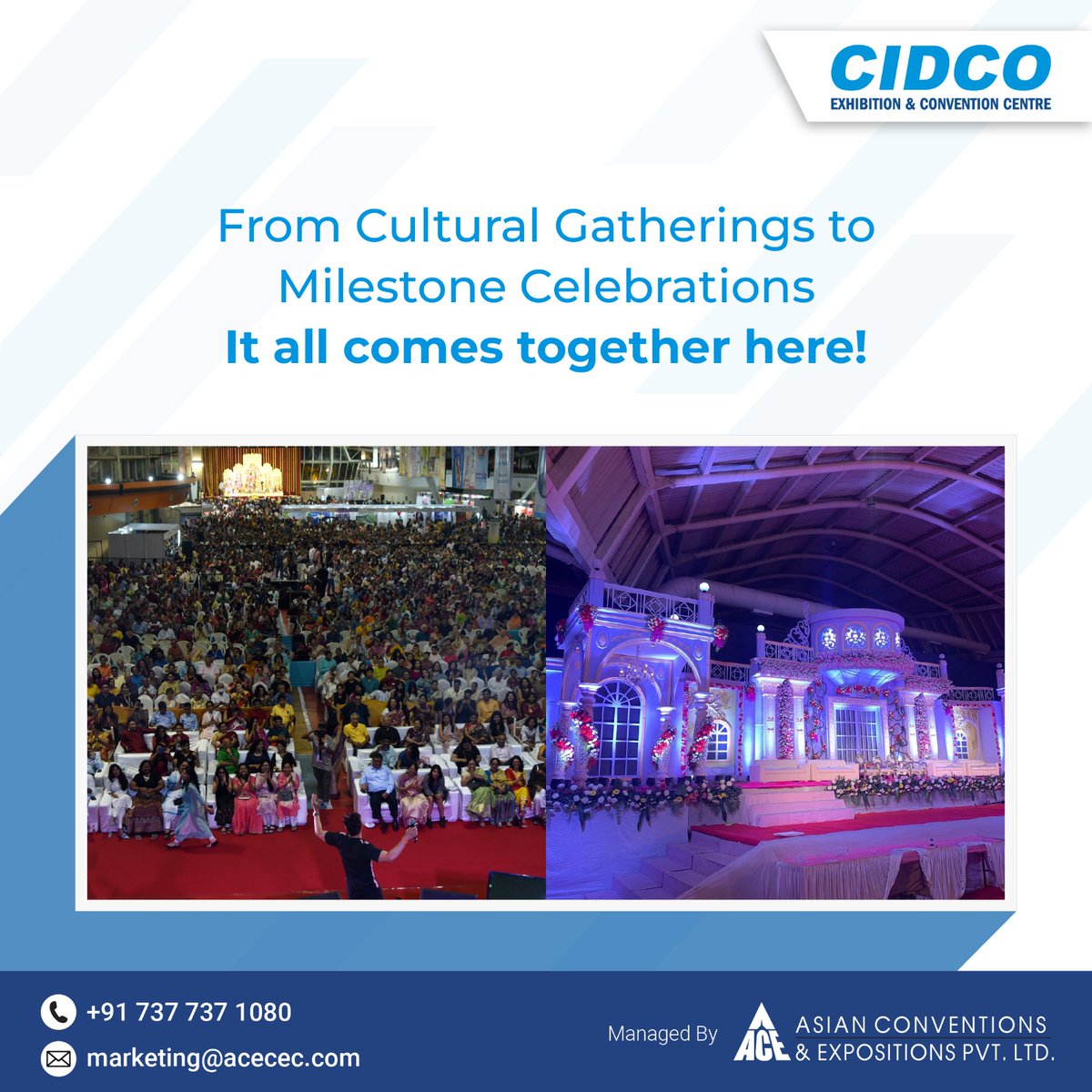 CidcoC's tweet image. Where every event finds its perfect space.

From grand celebrations to industry expos &amp;amp; govt. initiatives, CECC adapts to every scale &amp;amp; emotion.
Plan something remarkable at a venue built for it.

#ACEVenue #CECC #CIDCOExhibitionCentre #EventReadyAlways #NaviMumbaiEvents