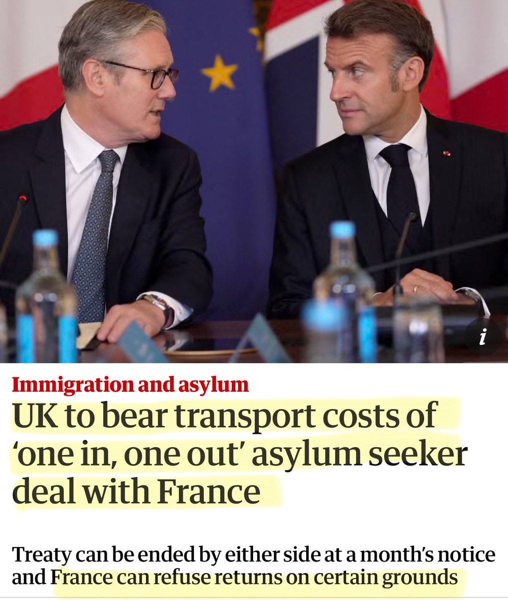 Bernie (@artemisfornow) on Twitter photo I’m not laughing, it’s hysteria setting in.
The deeply stupid 1 in 1 out migrant deal with France lists the following surrender terms. (Reported in the Guardian)
▪️ The UK pays all transport and admin costs, both directions.
▪️ France can veto any migrant we want to return, no I’m not laughing, it’s hysteria setting in.
The deeply stupid 1 in 1 out migrant deal with France lists the following surrender terms. (Reported in the Guardian)
▪️ The UK pays all transport and admin costs, both directions.
▪️ France can veto any migrant we want to return, no